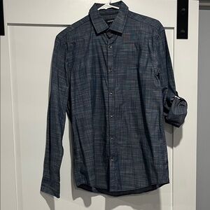 Alfani Navy Checkered Casual Shirt